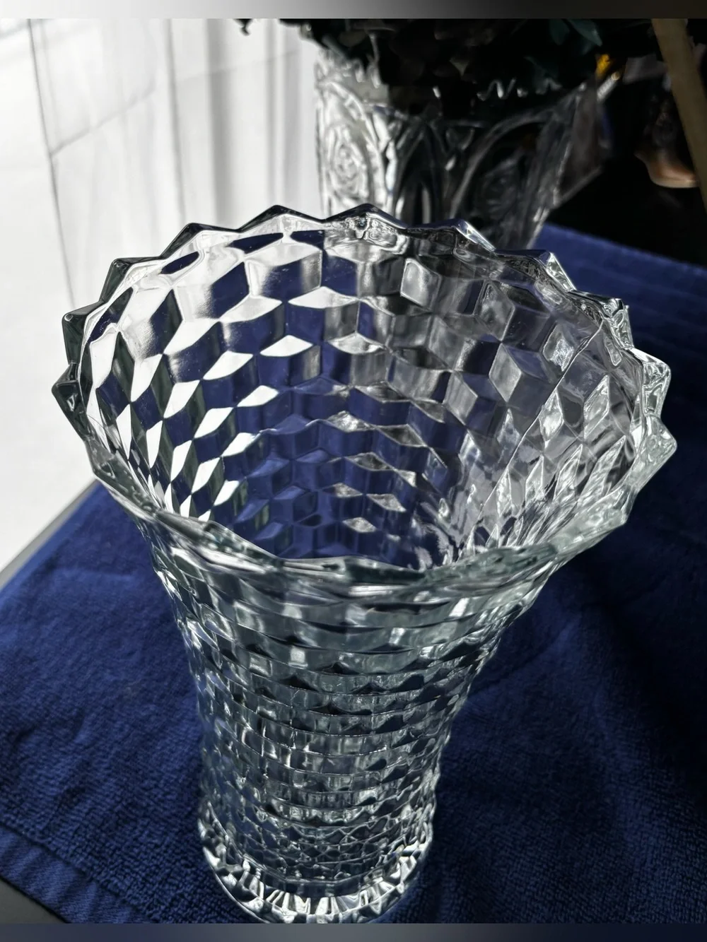 Highly Collectible Vintage Whitehall Cubist Clear Glass Flared Flower Vase -10”
